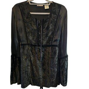 FADED GLORY BLACK EMBELLISHED BLOUSE VELVET SHEER PANELS METALLIC RODEO LARGE